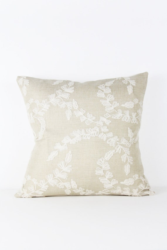 Items similar to 16x16 Pillow Cover Beige Embroidered Floral Leaves Nature Burlap on Etsy