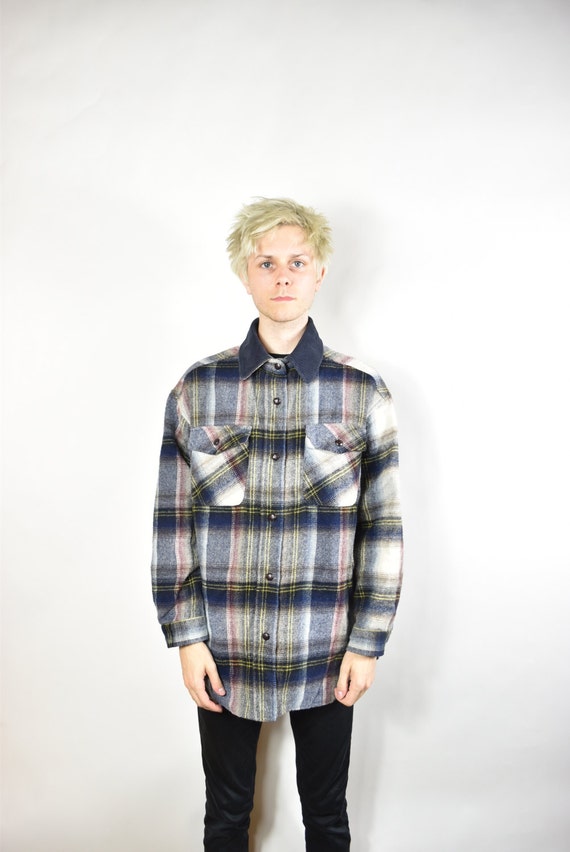 Vintage Grey and Blue Lined Oversized Flannel