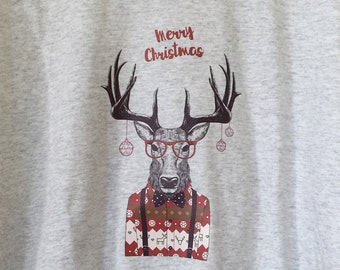 NEW! Funny Men's Christmas Deer Shirt Grey XL L/S Cotton T-shirt