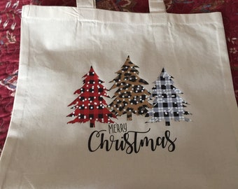 NEW! Christmas Tote Bag, Washable Canvas, Modern Christmas Trees and Greeting