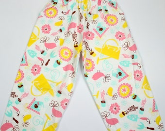 Girls Cotton Flannel Pajama Pants - Birds and Birdhouses - Sizes 3 & 4