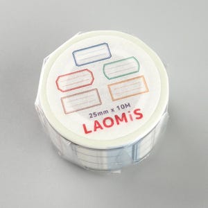 May include: A roll of decorative tape with a white background. The tape features several rectangular label designs in blue, green, orange, and red. The text "25mm x 10M" and "LAOMiS" are printed on the tape.