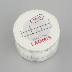 May include: A white washi tape roll with a black and white grid pattern and the words "START" and "GOAL" printed on it. The tape is 25mm wide and 10 meters long. The brand name "LAOMIS" is printed in red on the roll.