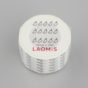 May include: A roll of white washi tape with a repeating pattern of black chili peppers. The tape is labeled "LAOMiS" and "25mm x 10M".