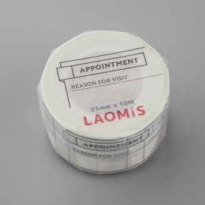 May include: White washi tape roll with black text that reads "Appointment Reason for Visit" and "25mm x 10M LAOMiS".