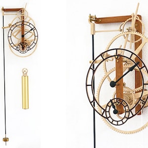 May include: A wooden clock with exposed gears and a pendulum. The clock face is black with white Roman numerals and black hands. The clock is mounted on a wall and has a wooden frame.