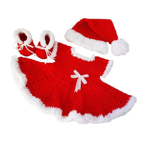Crochet Christmas baby dress hat shoes, Santa baby outfit,