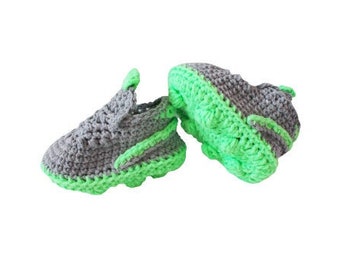 Crochet Baby Sneakers: Grey & Neon Green, Newborn Shoes