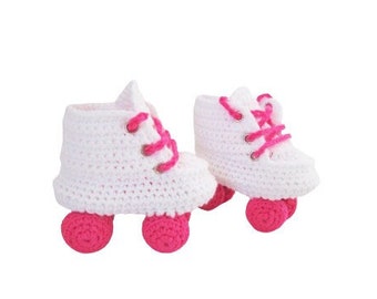 Crochet Baby White pink Roller Skate  shoes, Skates Boots