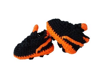 Crochet baby shoes, Crochet Soccer Shoes,  Baby's First Cleats, black orange  Baby Sports Football