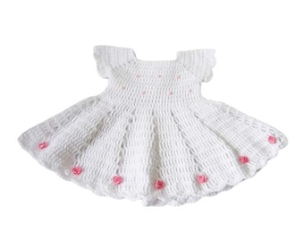 White Crochet Baby Dress with Pink Roses , Newborn Girl Outfit ,Christening Dress