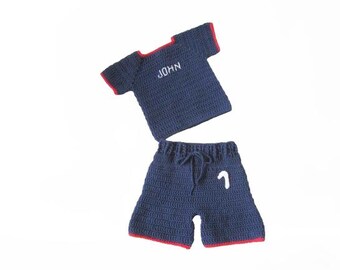 Crochet Baby Boy Outfit, Navy Blue Shirt & Shorts Set with Custom Name