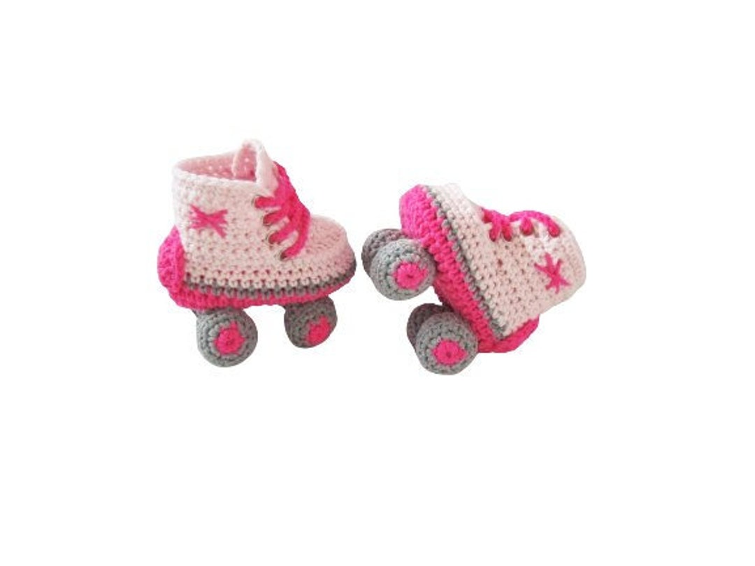 Chaussons Bébé Fille Patins à Roulettes Au Crochet - Rose - Taille 0-6 Mois - Neuf