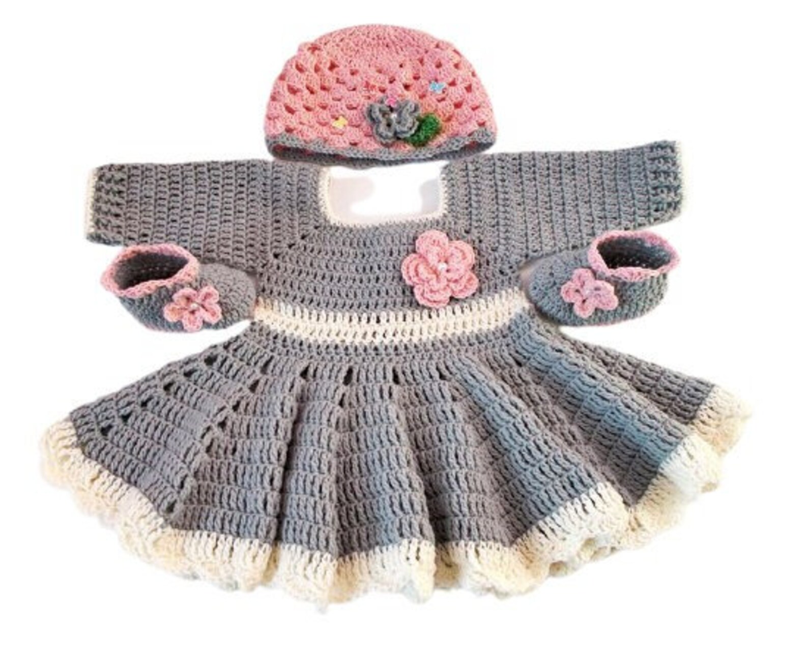 Crochet Baby Dress Hat Shoes Baby Set Newborn Dresses Gray Etsy
