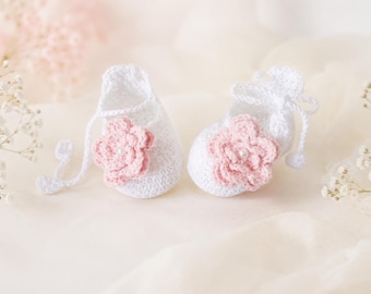 Crochet Baby Booties with Pink Flower, Newborn Baby Girl Shoes