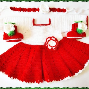 Crochet baby dress, Christmas baby dress, Crochet baby boots, red white baby set, Newborn dresses, baby christmas, baby dress headband boots