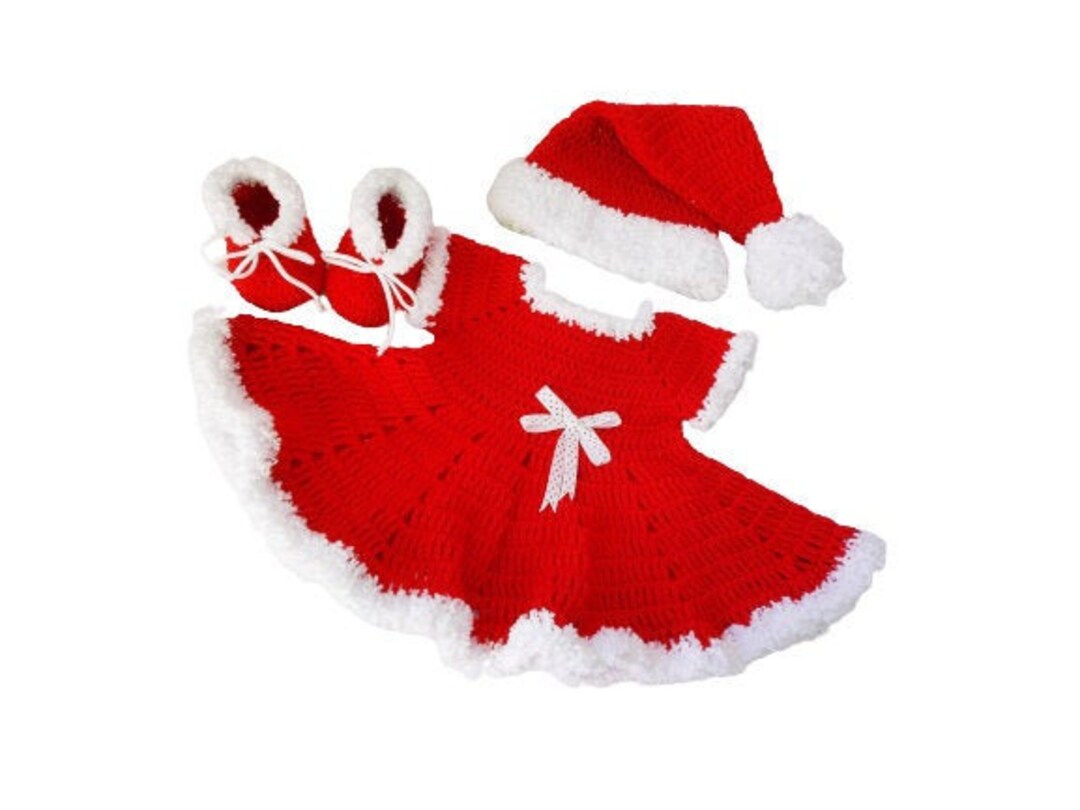 Crochet Christmas Baby Dress Hat Shoes, Santa Baby Outfit,
