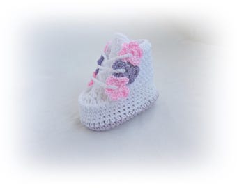 Crochet Baby Booties, White Floral Newborn Shoes, Soft Infant Booties with Pink & Lavender Flowers