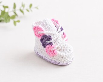 Crochet Baby Booties, White Floral Newborn Shoes, Soft Infant Booties with Pink & Lavender Flowers