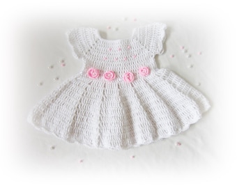 White Crochet Baby Dress with Pink Roses , Newborn Girl Outfit ,Christening Dress