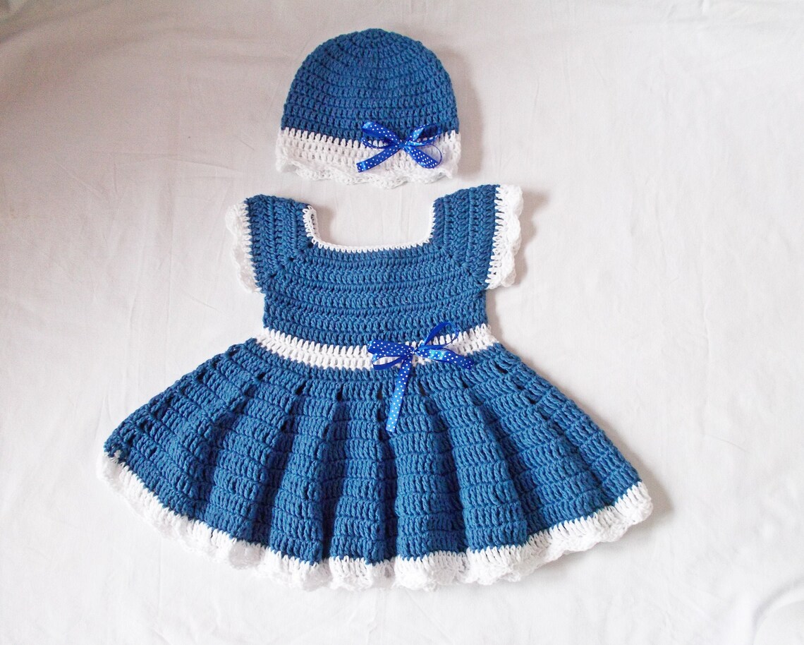 Crochet Baby Dress Hat Set Blue Baby Dresses Outfit Infant Etsy