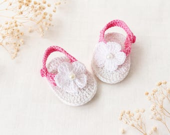 Crochet Baby Sandals , Pink & White Baby Girl Flip Flops