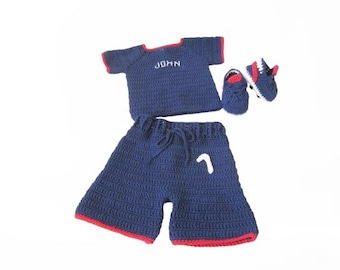 Crochet Baby Boy Outfit, Navy Blue Shirt & Shorts  cleats Set with Custom Name