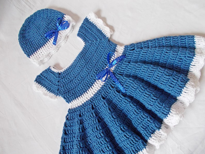 Crochet Baby Dress Hat Set Blue Baby Dresses Outfit Infant Etsy