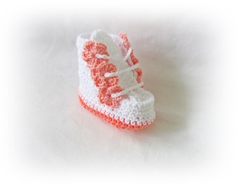 Crochet Baby Booties, White Floral Newborn Shoes, Soft Infant Booties with Pink & Lavender Flowers