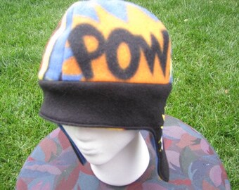 Comic Book POW BAM Embroidered REVERSIBLE Fleece Ear Flap Hat