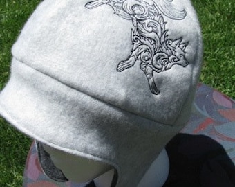 Damask Wolf Gray and Black Fleece Ear Flap Hat