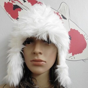 Long Elegant White Faux Fur Earflap Hat with COTTON Lining