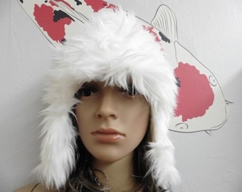 Long Elegant White Faux Fur Earflap Hat with COTTON Lining