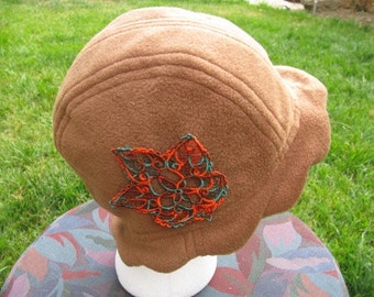 Scalloped Edge Fleece Bucket Hat with Beautiful Rust and Green Lace Fall Leaf