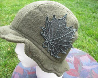 Scalloped Edge Fleece Bucket Hat with Beautiful Green Lace Fall Leaf