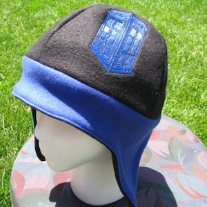 Tardis Doctor Who Inspired Blue and Black Fleece Ear Flap Hat