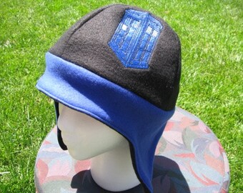 Tardis Doctor Who Inspired Blue and Black Fleece Ear Flap Hat