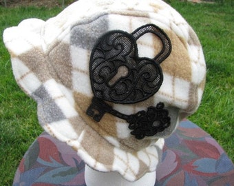 Scalloped Edge Fleece Bucket Hat with Beautiful Black Lace Lock and Key