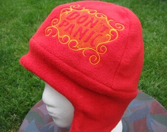 REVERSIBLE Red and Orange Don't Panic Fleece Ear Flap Hat