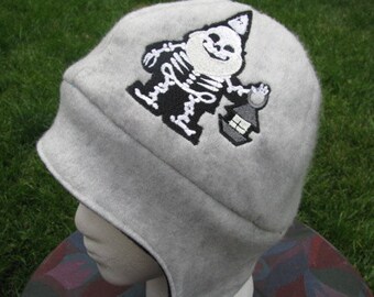 Skeleton Gnome with Glow in the Dark Lantern on Gray and Black Fleece Ear Flap Hat