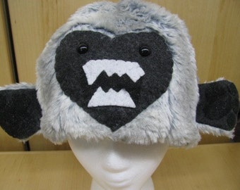 Gray Faux Fur with Yeti Face and Hands Hat with Fleece Lining