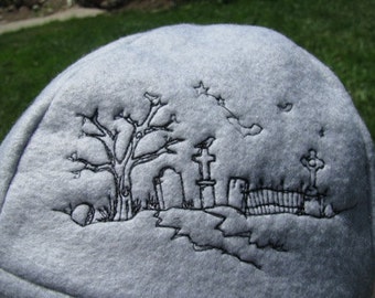 Spooky Graveyard Scene Gray and Black Fleece Ear Flap Hat