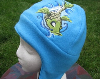 Zombie Skeleton Koi Fish on Blue and Black Fleece Ear Flap Hat