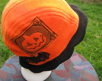 Scalloped Edge Fleece Bucket Hat with Pumpkin Jack o Lantern and Beautiful Black Lace Bat