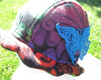 Scalloped Edge Fleece Bucket Hat with Beautiful Blue Lace Butterfly