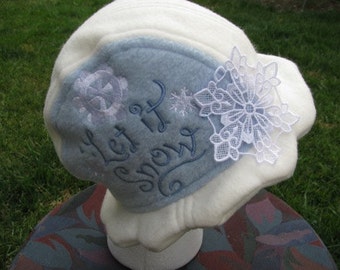 Let It Snow Scalloped Edge Fleece Bucket Hat with Beautiful White Lace Snowflake