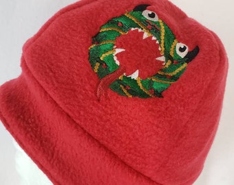 Evil Christmas Wreath Monster Red and Green Fleece Ear Flap Hat