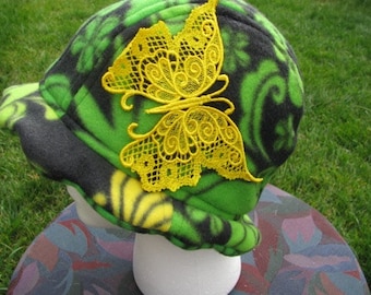 Scalloped Edge Fleece Bucket Hat with Beautiful Yellow Lace Butterfly