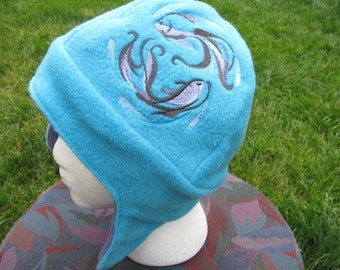 Brushstroke Koi Duo on Blue and Purple Fleece Ear Flap Hat