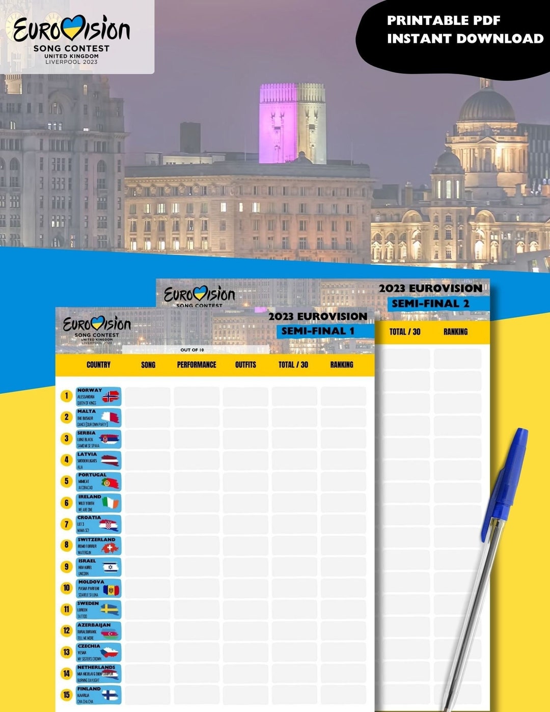 Digital Eurovision Score Card Printable Eurovision Song Etsy